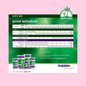 Plagron - Top Grow Box Bio Feeding Chart with hell rose background and green Grow Island logo in the right upper corner
