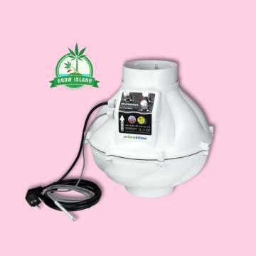 Rohrventilator-PK1255WHSP EC-TC from prima Klima with hell rose background and green Grow Island logo in the left upper corner
