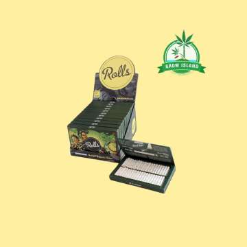black rolls smart filter XL opened  paper box and an opend small box with 80 filters in it with yellow background and green grow island logo in the right upper corner