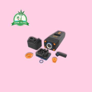 in the picture, the black vaporizer is taken apart and its parts are lying next to each other with a pink background and green Grow Isalnd logo in the left upper corner