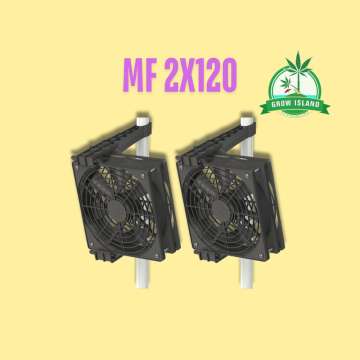 Two piece of Monkey fan from Secret Jardin with yellow background, Pink MF120 text and a green Grow Island logo in the right upper corner