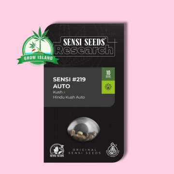 Sensi 219 from Seni Seeds black package with hell rose background and green grow island logo in the left upper corner