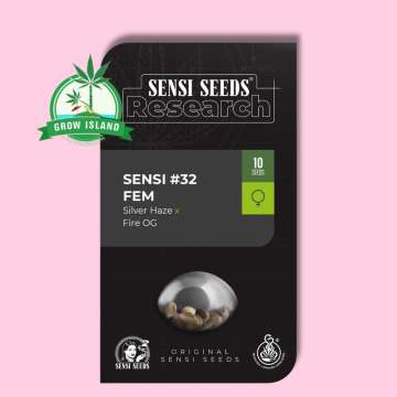 Sensi 32 Research from Sensi Seeds black package with hell rose background and green grow island logo in the left upper corner