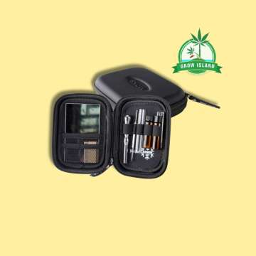 Snow Kit snorter case, storage, metal stool organised with yellow background and green Grow Island logo in the right upper corner