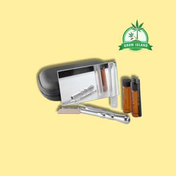 Snow Kit snorter case, a piece of mirror, storage, metal stool with yellow background and green Grow Island logo in the right upper corner