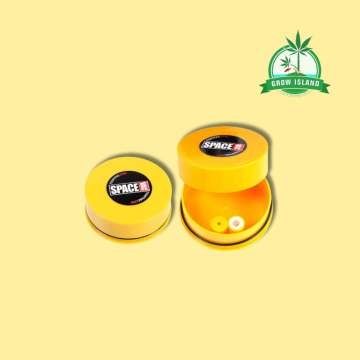 SpaceVac two yellow vacuum can one opened and one closed with yellow background and green grow island logo in the right upper corner