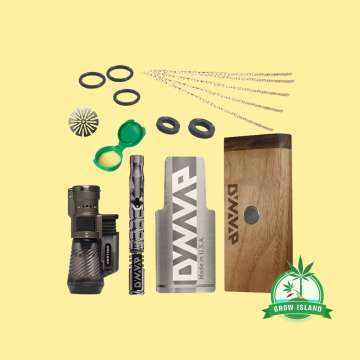 THE M 2021 DYNAVAP starter pack: Silver vape, walnut box, Cotton Pipe Cleaners, Wax, Rings, with yellow background and green Grow Island logo in the right upper corner