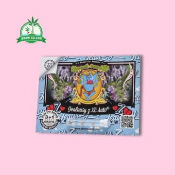 Jealousy Z XL auto Seeds in plastic holder on a blue paper with sweet seeds elephant logo and pink background and green Grow Island logo in the left corner