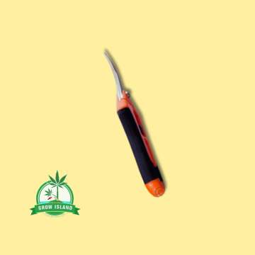Trimming Scissors Curved orange colour with yellow background and green Grow Island logo in the right lower corner